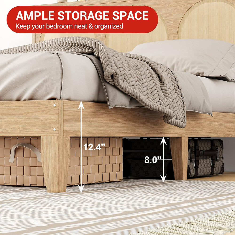 Queen Size Curved Rattan Headboard Platform Bed, Deluxe Bed with Built-in RGB...