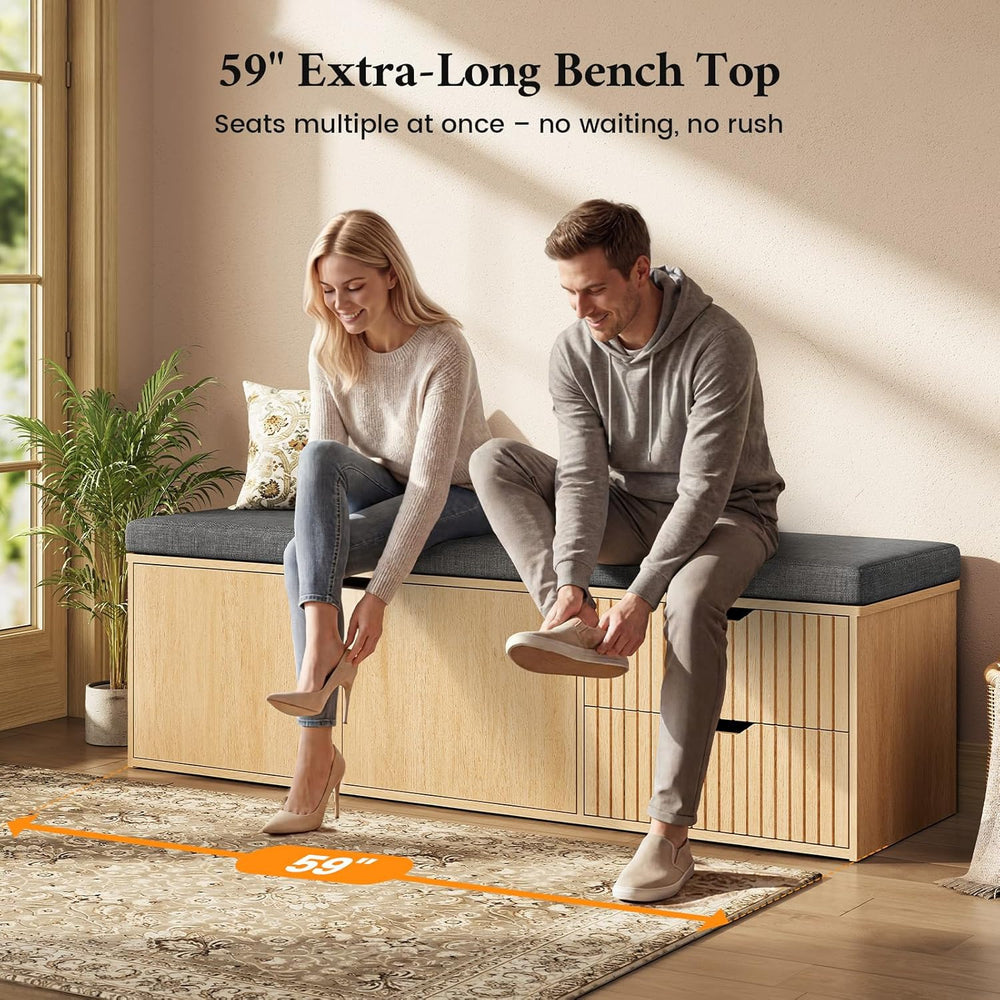59" Storage Bench with Drawer, 2-Tier Shoe Bench with Doors, Long Entryw...