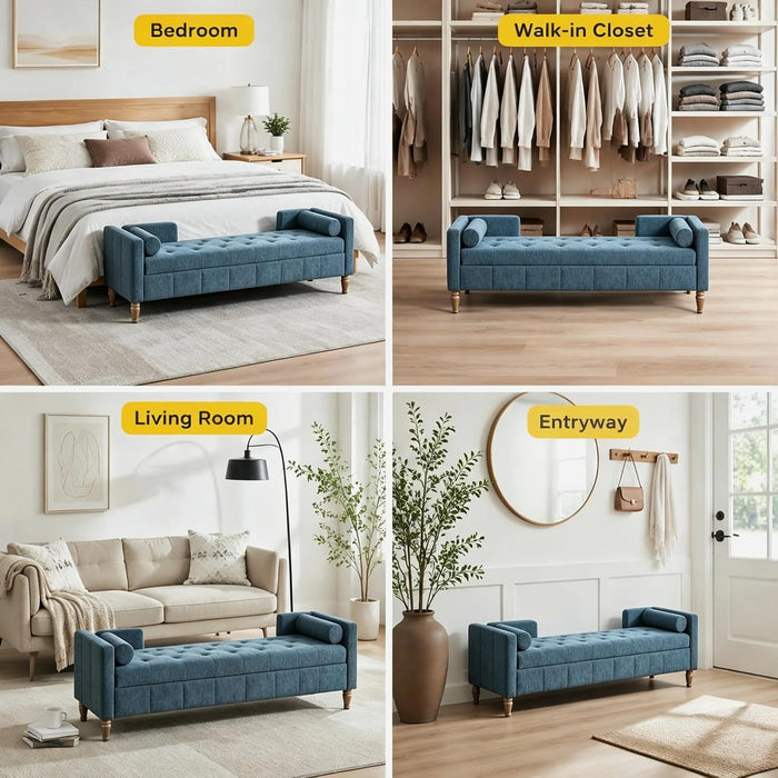 Aoiy & Wifon 64.57" W End of Bed Bench King Size, Upholstered Large Storage Ottoman Bench with Bolster Pillows & Armrest, Window Seat Bench for Living Room Bedroom, Chenille, Blue