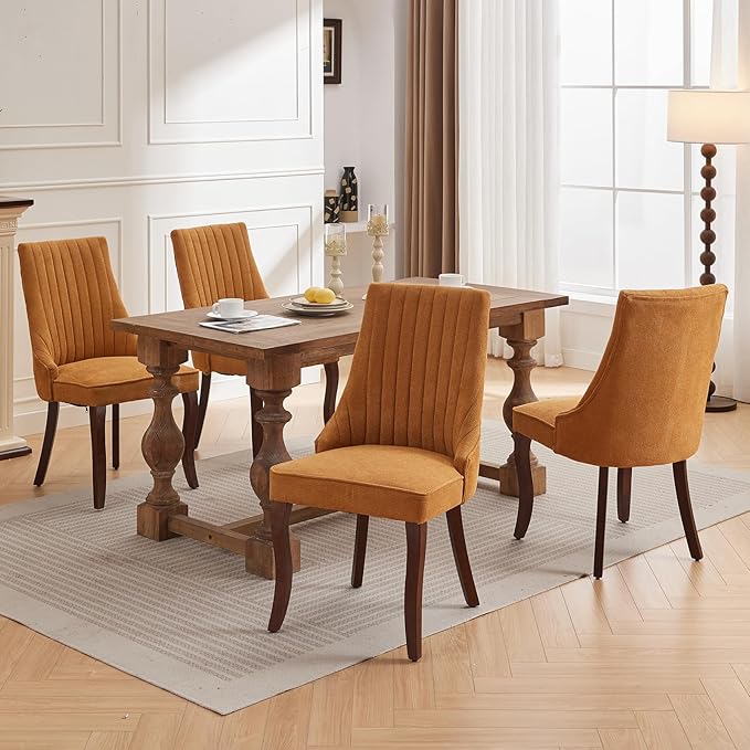 Gold Mid Century Dining Chairs Set of 2, Modern Kitchen & Dining Room Chairs Set of 2, Linen Upholstered Kitchen Chairs, Sillas de Comedor, Wood Legs (Yellow, 2 Pcs)