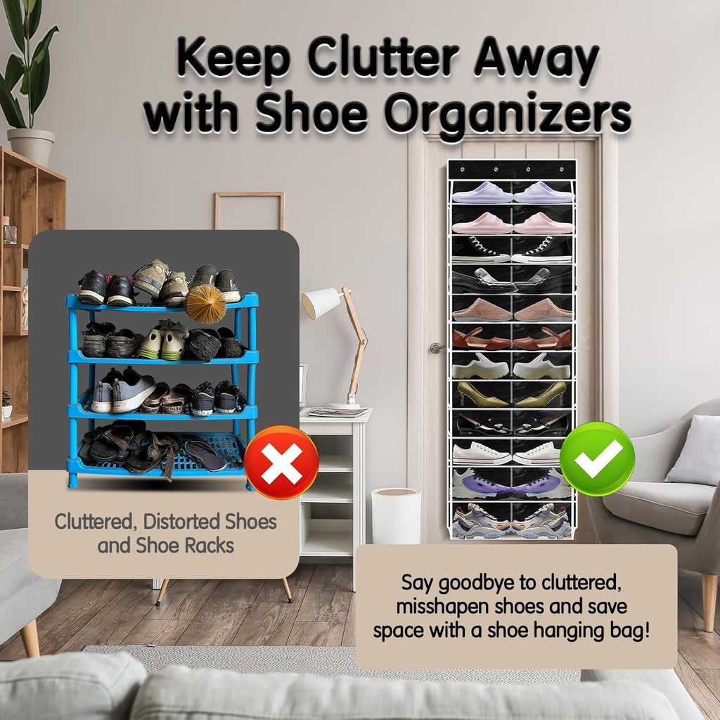 Over The Door Shoe Organizer with 12 Large Breathable Pockets - Heavy Duty Hanging Storage for Adult, Kids & Baby Shoes - Black