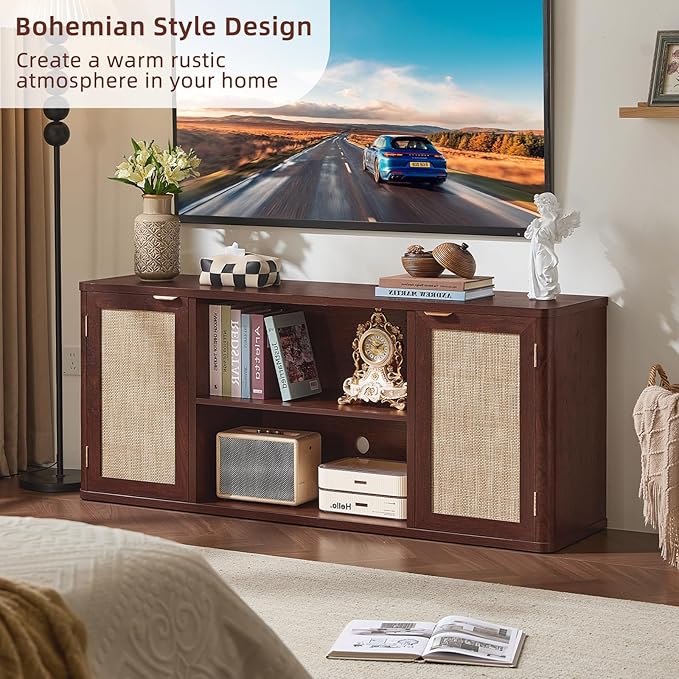 LEYAOYAO Rattan TV Stands for Living Room, Boho Entertainment Center with Storage and Open Shelf, Wood Media Console for 50-65 Inch TV, Walnut