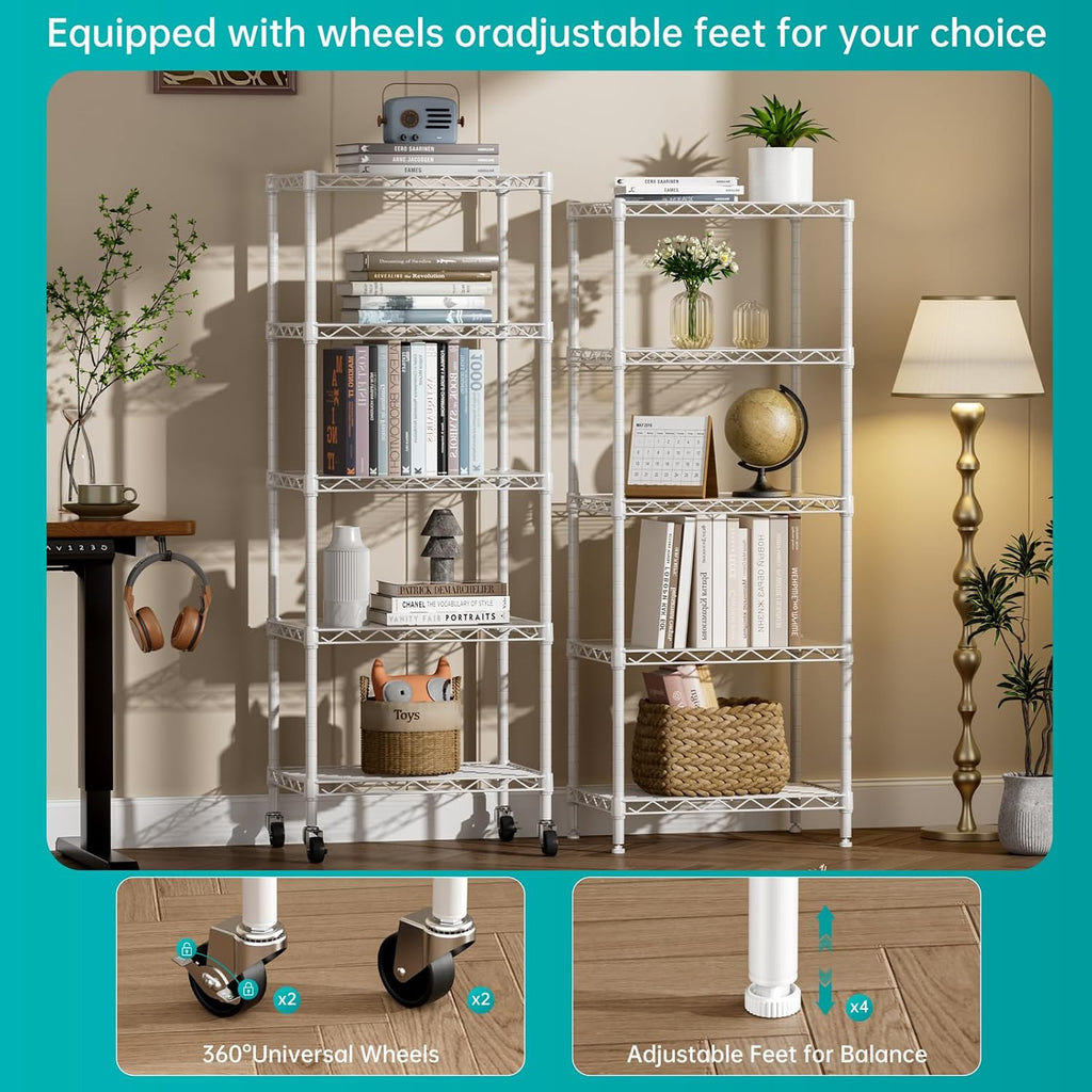SINGAYE 5 Shelves Storage Shelf Wire Closet Bathroom Organizers Metal Pantry Kitchen Small Garage Shelving Unit Laundry Room Organization Home Narrow Rack Net Basket with Wheels White