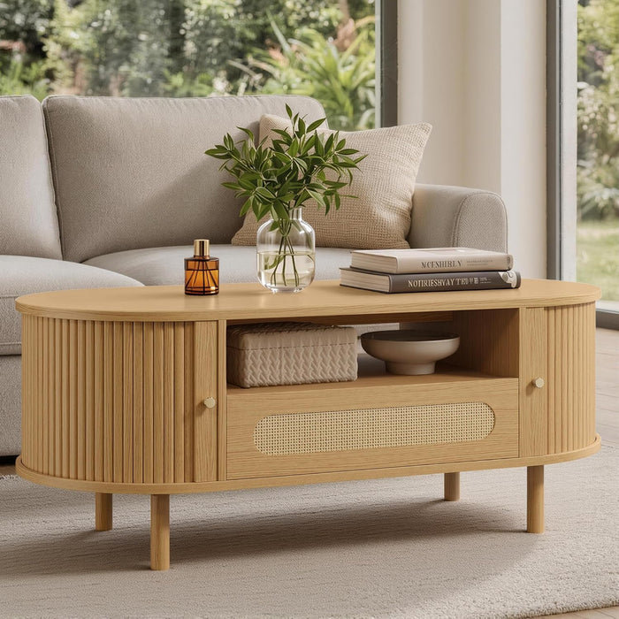 KISLOT Oval Coffee Table with Drawer,47.2" Fluted Center Table for Living Room,Modern Coffee Tables with Sliding Tambour Door,Farmhouse Table with Hidden Storage,Oak