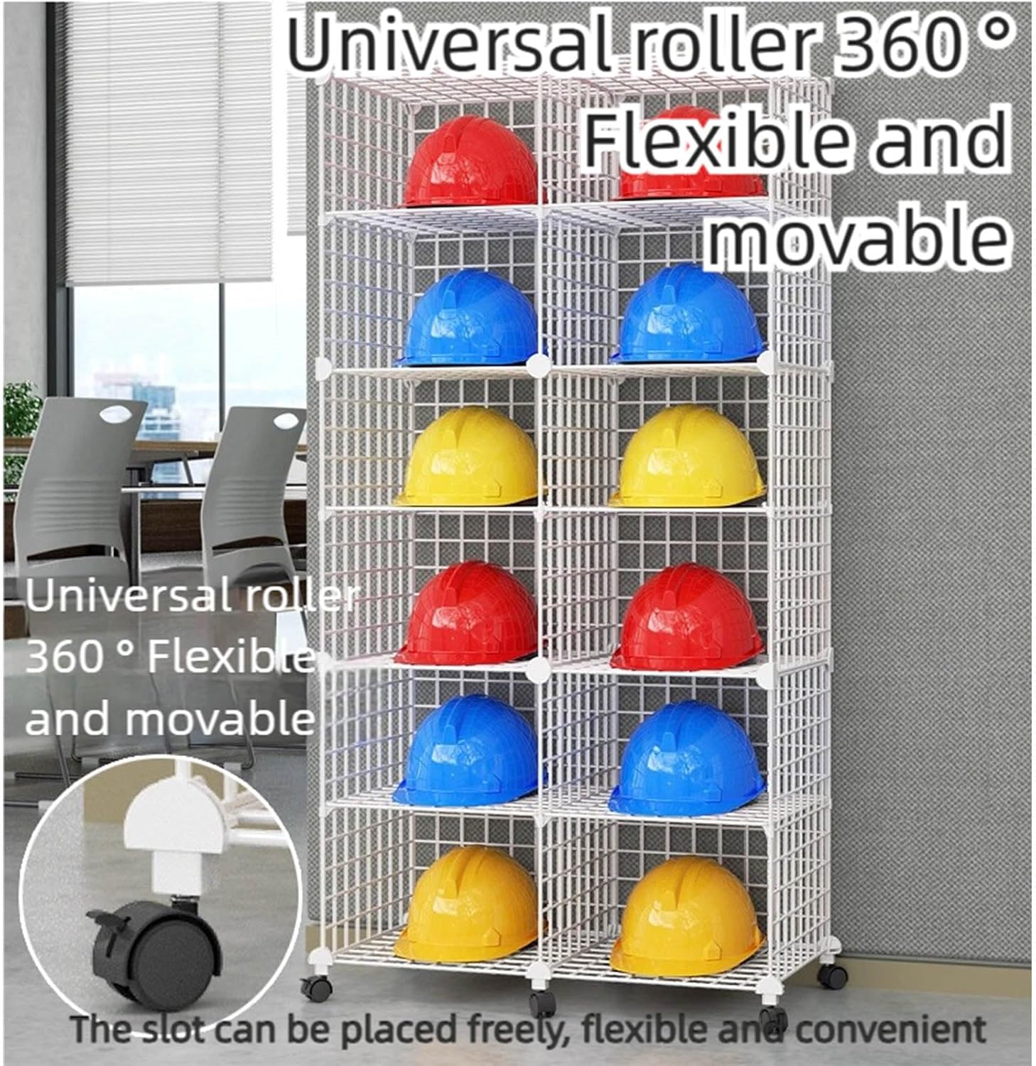 Stackable Safety Helmet Storage Boxes, Large Adjustable Hard Hat Placement Organizer Rack,with Wheels,for Construction Site/Garage/Workshop/Factory Helmet Display Shelf (White, 8 Grids-2 * 4)