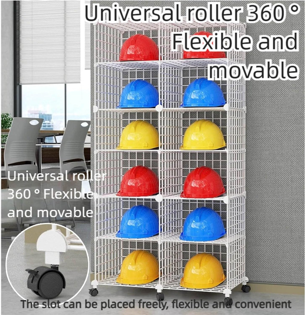 Stackable Safety Helmet Storage Boxes, Large Adjustable Hard Hat Placement Organizer Rack,with Wheels,for Construction Site/Garage/Workshop/Factory Helmet Display Shelf (Black, 4 Grids-1 * 4)