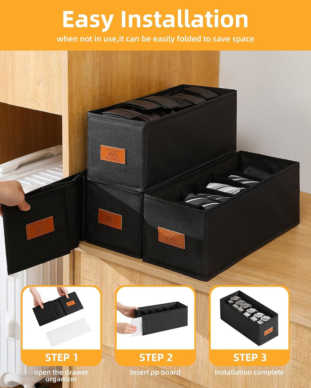 4 PCS Belt Organizer for Closet, 6 Grids Belt Holder, Washable Belt Box, Foldable Tie Organizer for Men, Belt Storage for Drawer (Black, 13.38inch)