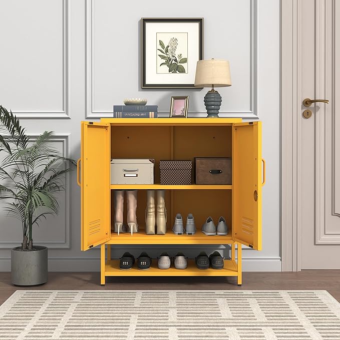 Metal Shoe Storage Cabinet with Lock, 2-Door Multifunctional Shoe Organizer with Adjustable Shelf & Bottom Shoe Rack, Freestanding Entryway Furniture, Yellow 33" H X 29.5" W X 13.8" D