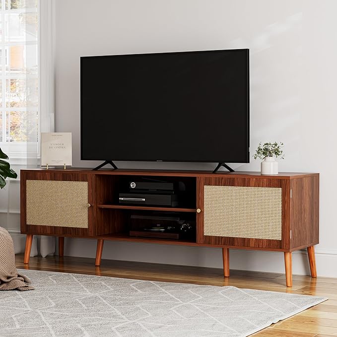 TV Stand for TVs up to 65'', Entertainment Center With Rattan Door, S...