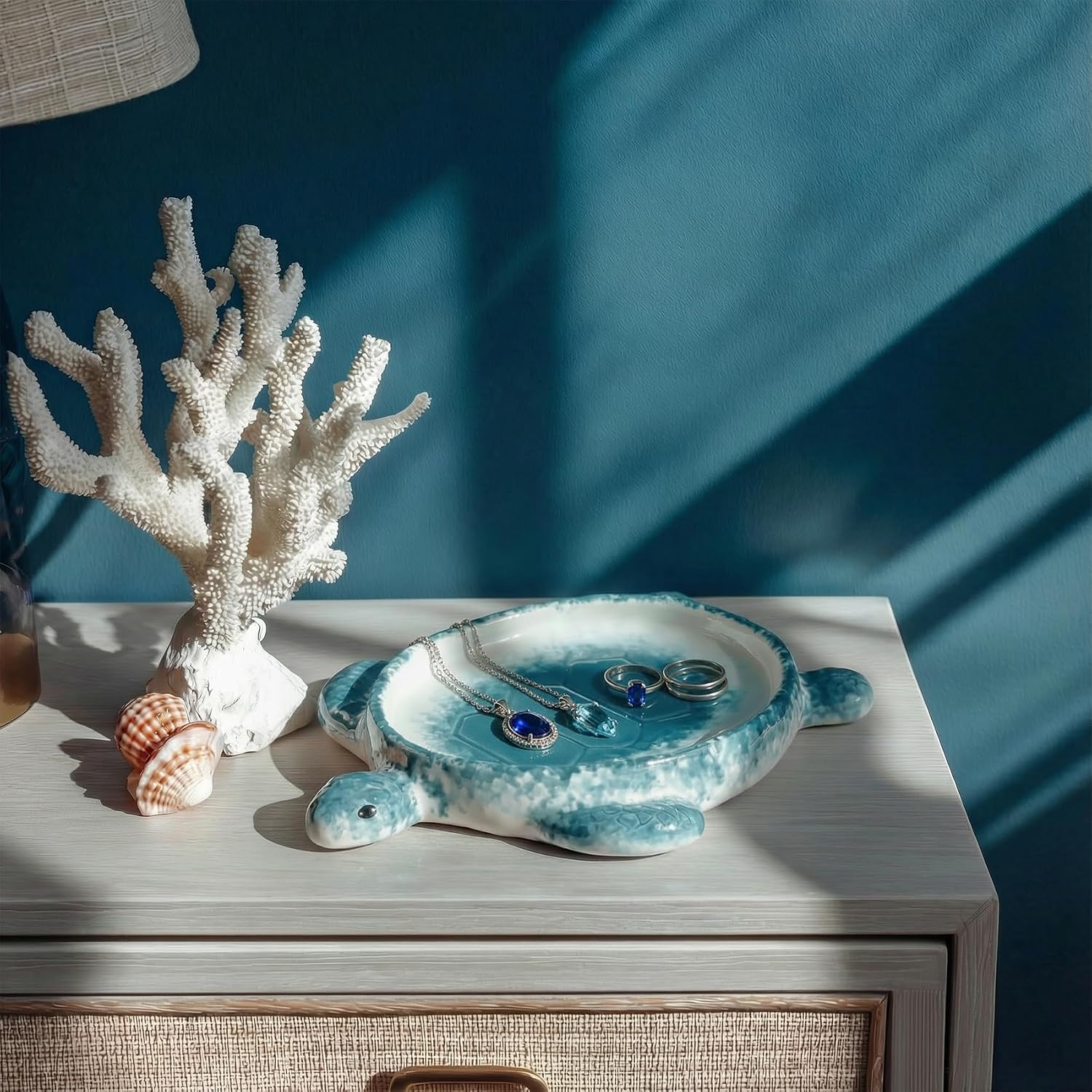 Potiera Sea Turtle Jewelry Tray, Handmade Ceramic Decorative Blue Ring Holder Trinket Dish for Earrings Necklace Key, Christmas Birthday Sea Turtle Gifts for Girls Women Mom, Coastal Ocean Beach Decor