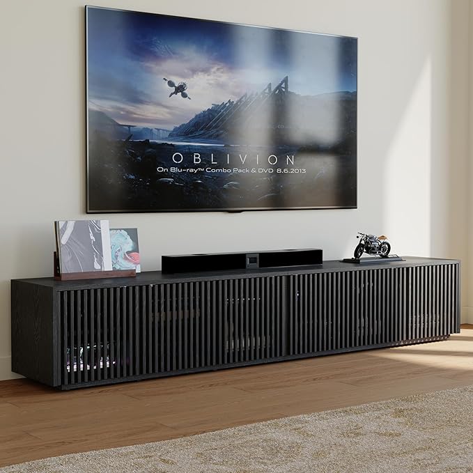 POVISON Full Assembled Mid Century Modern TV Stand, 95'' Wood Slatted TV Media Console for 85+ inch TV, Entertainment Center with Storage for Living Room Bedroom
