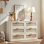 LEYAOYAO Rattan 6 Drawer Dresser for Bedroom, Boho 48" Wide White Dresser Chest of Drawers, Dressers TV Stand with Metal Handle, Storage Dressers Closet Organizer for Living Room, Hallway