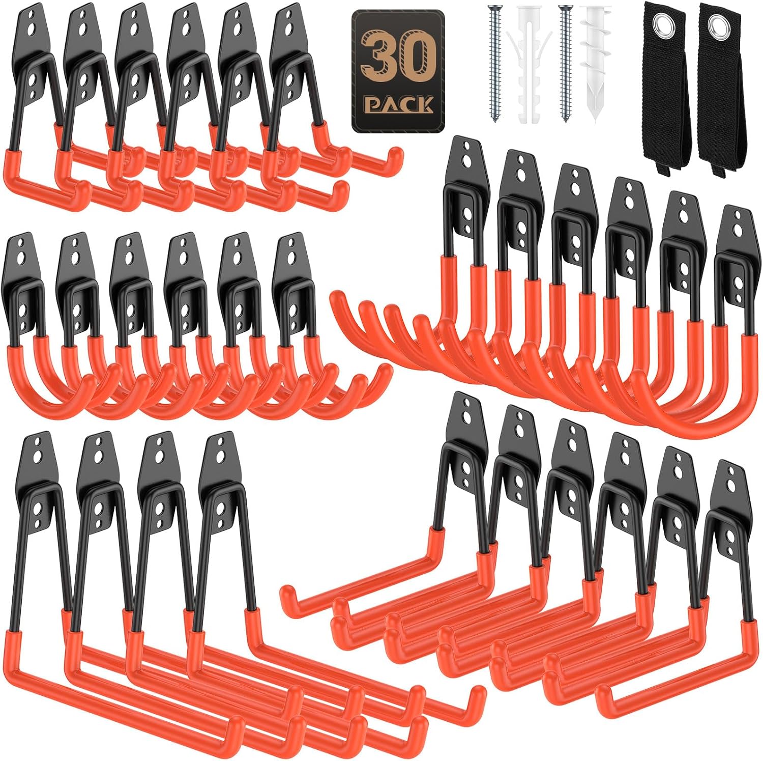 30 Pack Utility Steel Heavy Duty Wall Mount Garage Hooks,with Anti-Slip Coating,for Hanging Bikes,Ladder,Ropes,Bulk Items,Power,Yard and Garden Tools