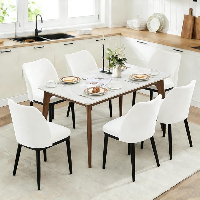 Wooden Dining Chairs Set of 6, Upholstered Kitchen Dining Room Chairs with Padded Seat and Wood Legs, Modern Fabric Side Dinner Chair for Kitchen, Dining Room, Restaurant, Cafe