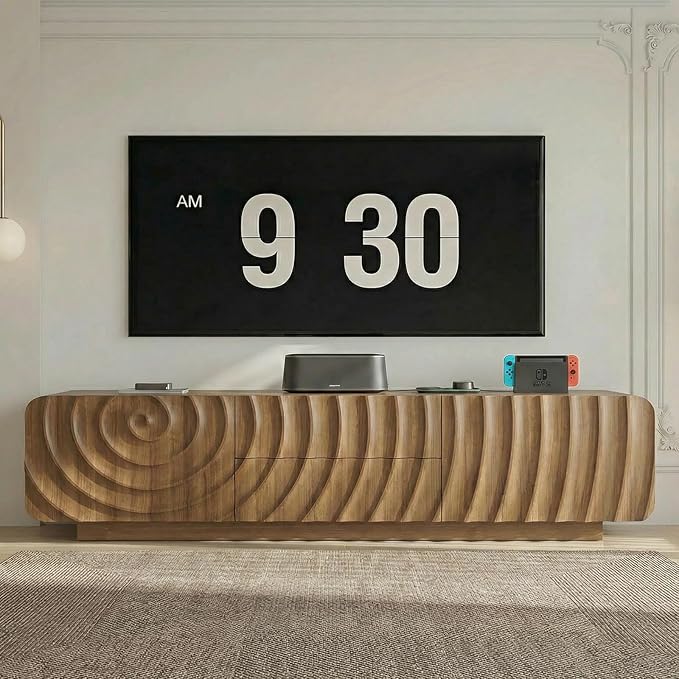 58'' Modern Spiral Wave TV Stand for 65 Inch TV, Media Console with Storage Cabinet & 2 Drawers, Rounded Corner Entertainment Center for Living Room Bedroom (Walnut)
