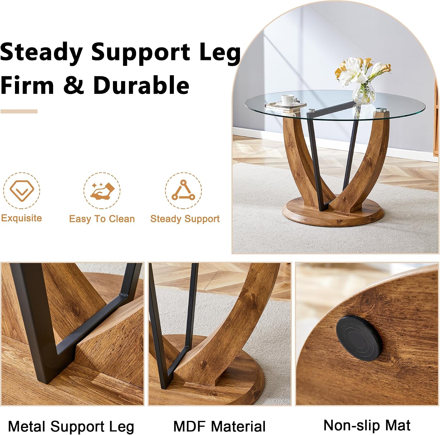 JUFU Round Dining Table Set for 6, 48" Table and Chairs Set of 6 with Faux Marble Tabletop and PU Upholstered Brown-0501 Chairs, Modern 6 Seater Dining Table Set for Dinning Room, Kitchen