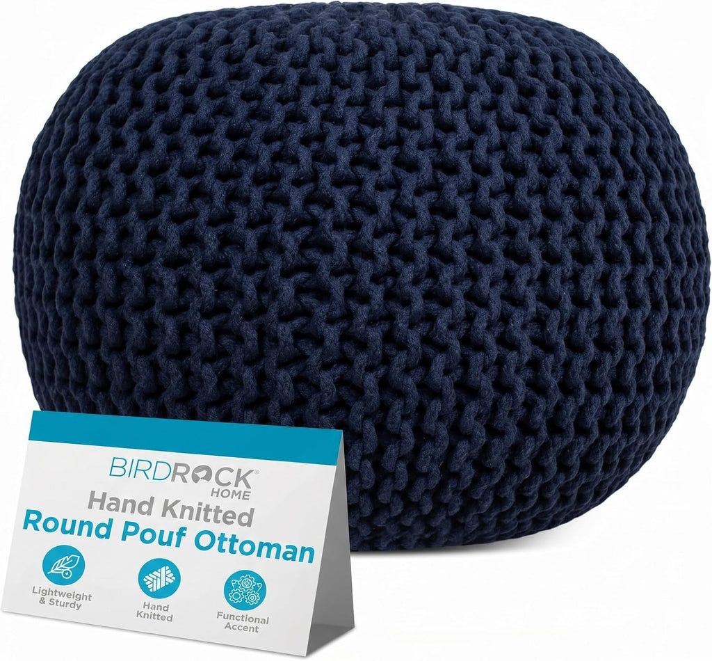 BIRDROCK HOME Round Pouf Ottoman Foot Rest - 18.5”x18.5”x15” Boho Compact Comfortable Soft Cotton Braided Foot Stool with Bean Bag Filling for Living Room, Bedroom, or Nursery (Navy)