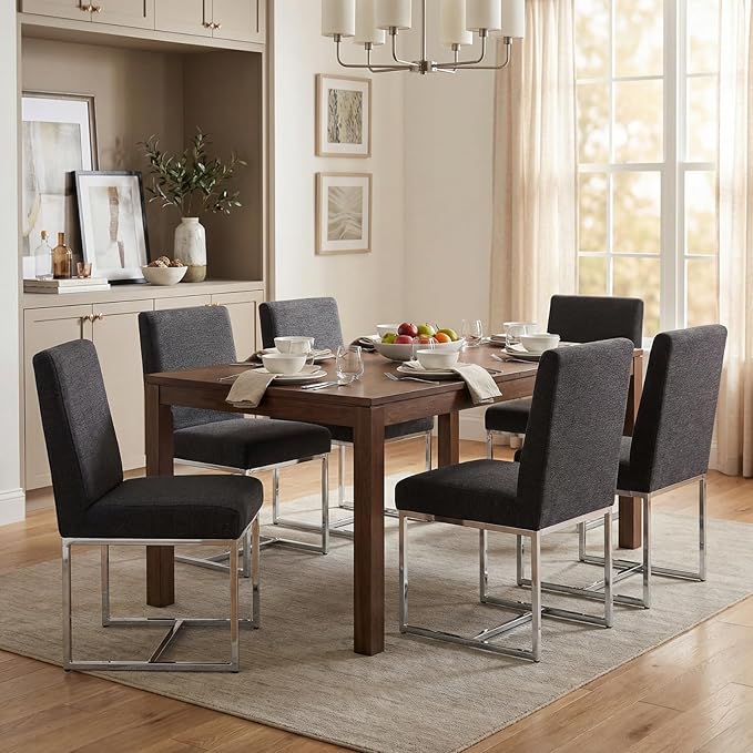 CIMOTA Black Modern Dining Chairs Set of 6, Upholstered Dining Room Chairs Armless Guest Side Chair with Chrome Base for Dining Room/Kitchen, Charcoal Black, 6PCS