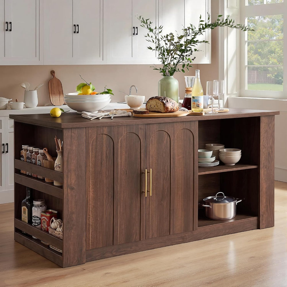 FORTUNETEC 62.9" Large Kitchen Island with Storage, Arched Doors, Walnut...