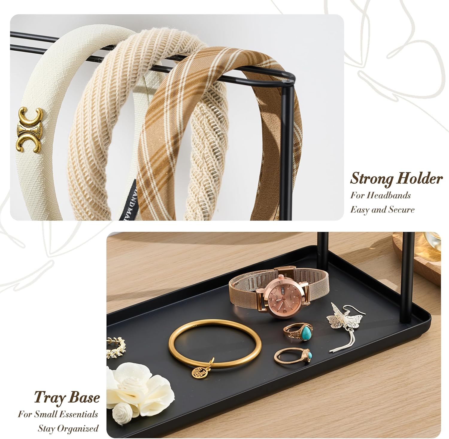 Headband Holder Organizer Metal 2-Tier with Tray: Hair Accessories Display Stand Storage Hairband Rack Necklace Stand Home Bedroom for Girls Women, Black