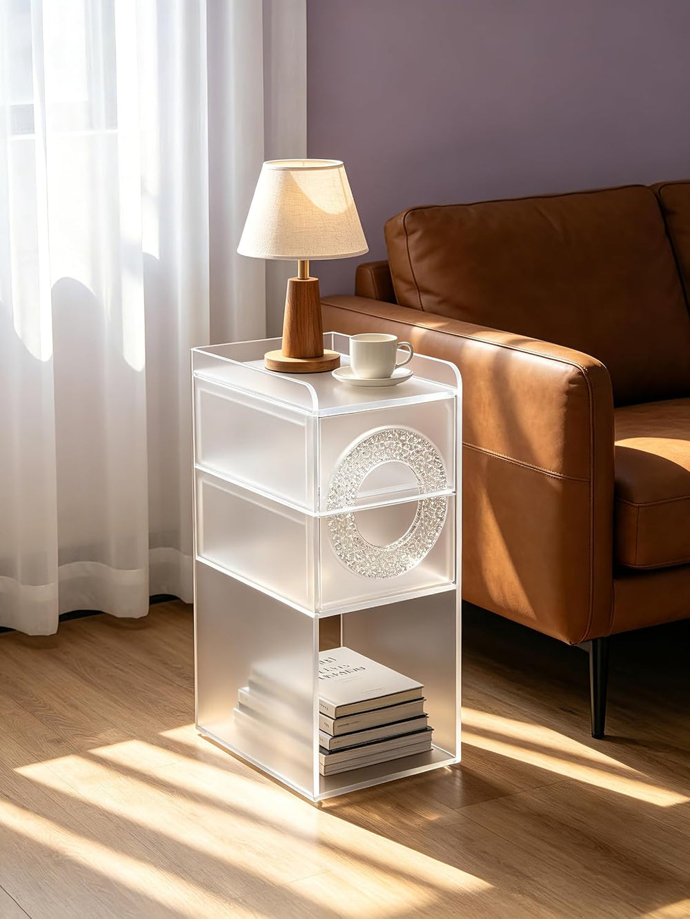 Frosted Acrylic Nightstand with 2 Drawers - Modern Slim Bedside Table for Sma...