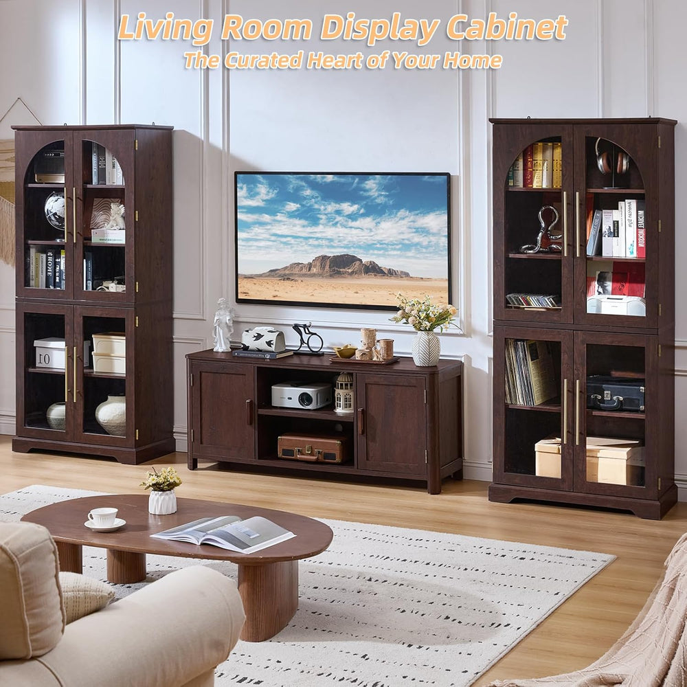 Joaxswe 72" Tall Bookshelf with 4 Curved Glass Doors, Farmhouse Bookcase...