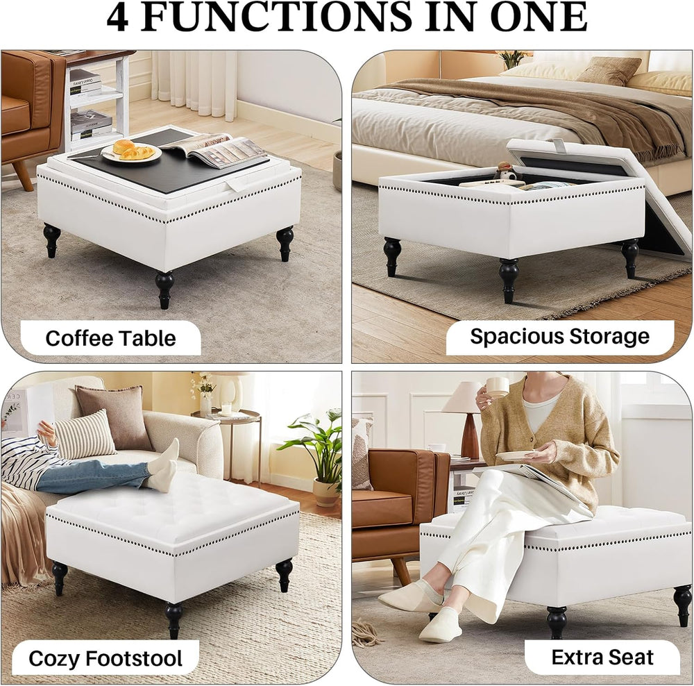 Square Ottoman Coffee Table, Large Leather Ottoman with Storage | Oversized F...