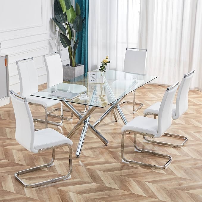 AZmac Modern Leather Dining Chairs Set of 8,Armless Kitchen Chairs,Dining Room Chairs with Upholstered Padded Seat and Sturdy Chrome Legs for Dining Room,Kitchen (Set of 8, White+PU Leather)