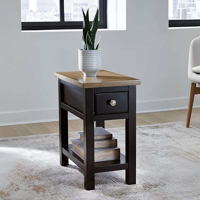 Signature Design by Ashley Drazmine Casual 1 Drawer Chair Side End Table with USB Charging Ports, 1 Lower Shelf and Power Cord, Light Brown & Black