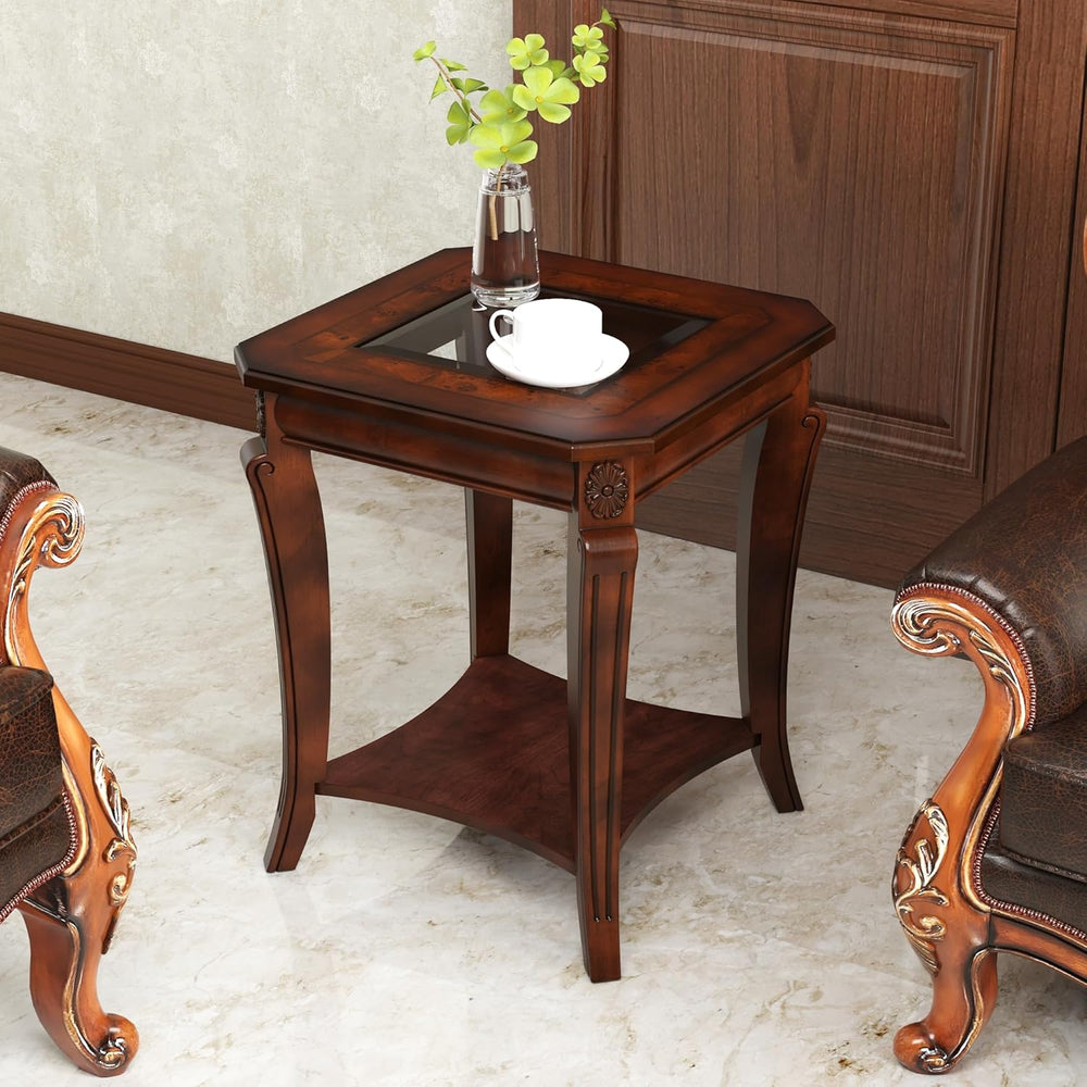 Square High End Side Table with Tempered Glass Top, Farmhouse Sofa Beside Tab...