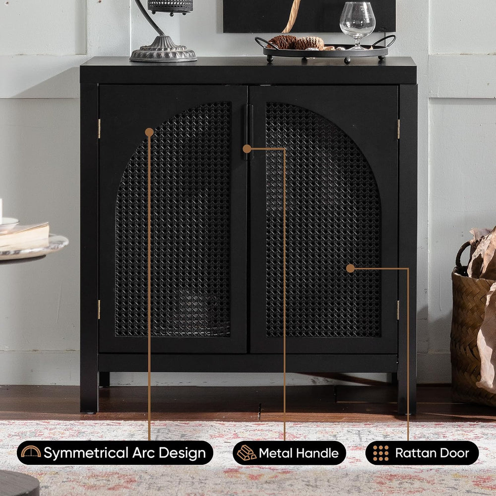 Black 28.94“W Buffet Cabinet with Storage, Accent Sideboard with Rattan Doors...