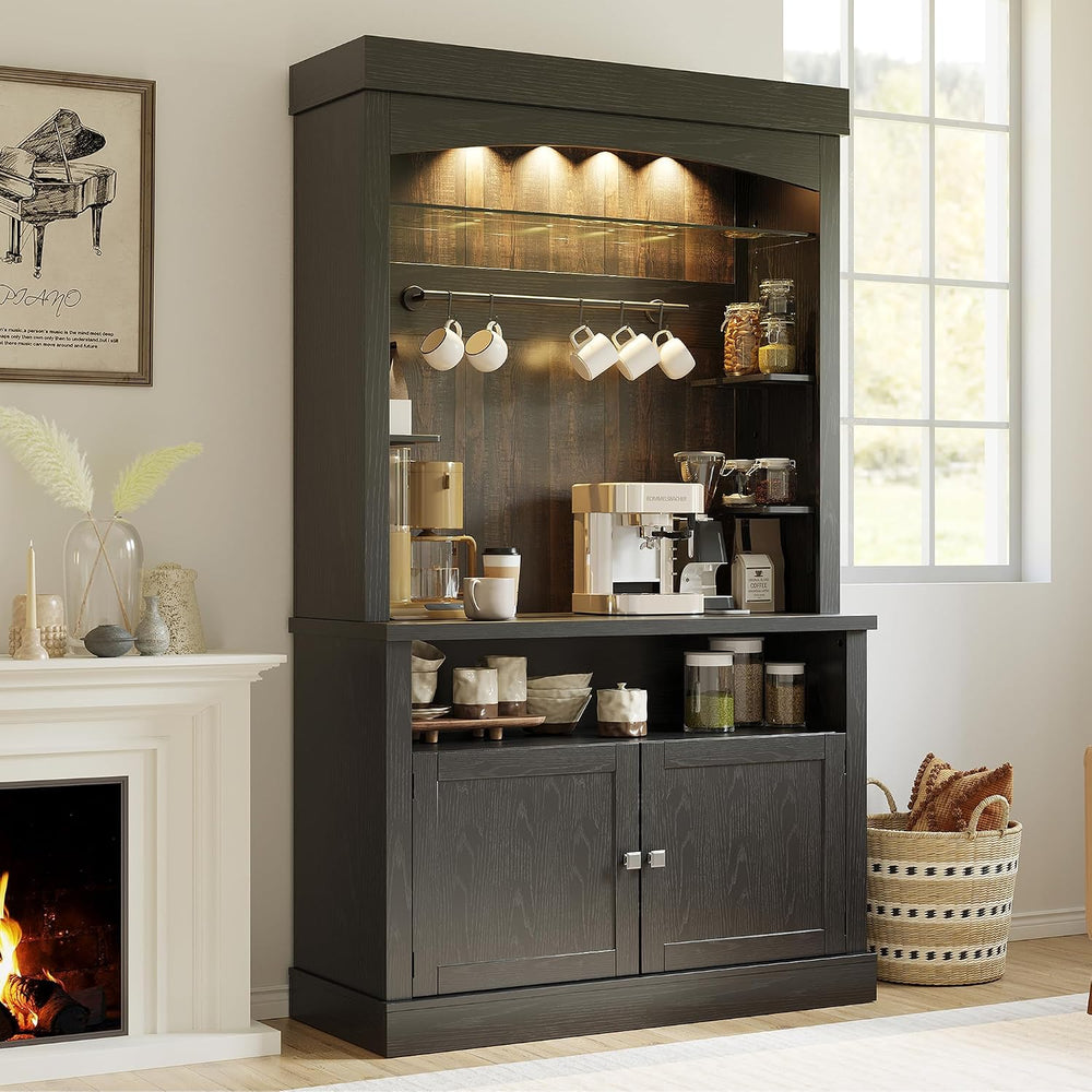 Takywep Tall Coffee Hutch with LED Lights Tall CoffeeBar Cabinet Farmhouse Bu...