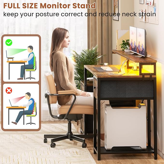 Aheaplus Computer Desk with 3 Drawers, Home Office Desk with File Drawer & Power Outlet, 59'' Gaming Desk with Led Lights, Long Work Desk with Storage, Printer Cabinet and Monitor Shelf, Rustic Brown