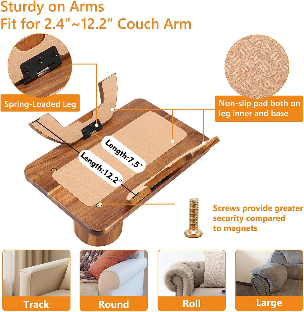 Couch Armrest Table Acacia with 360°Rotating Phone & Cup Holders,15.4&quo...