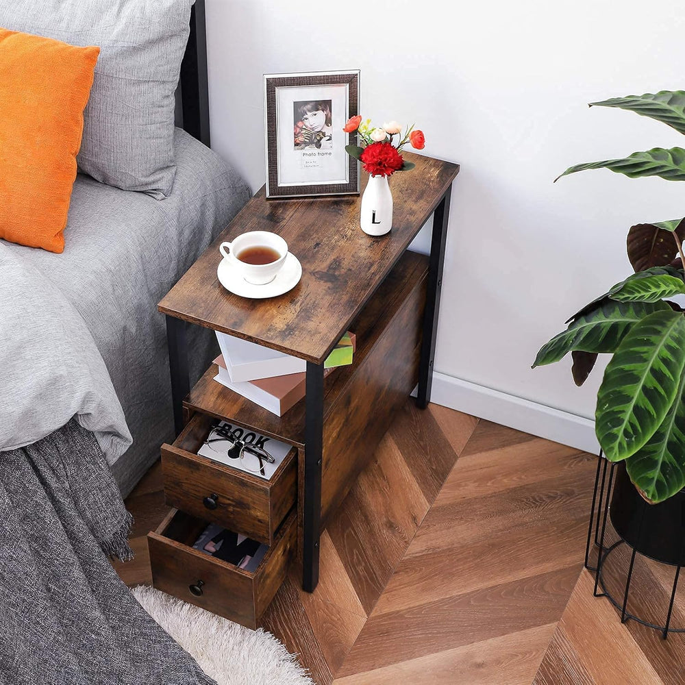 HOOBRO End Table, Narrow Chairside Table with Drawer and Open Storage Shelf, ...
