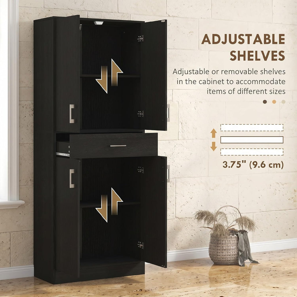 HOMCOM 71" Kitchen Pantry Cabinet with Adjustable Shelf and Drawer, Freestanding Tall Storage Cabinet with Double Doors, Distressed Black
