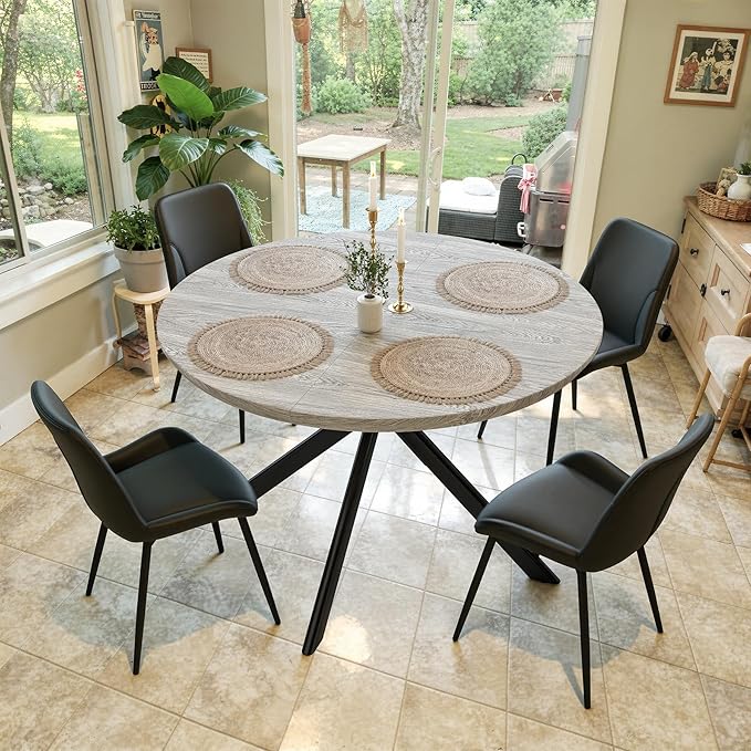 47.2" 5-Piece Round Dining Table Set for 4, Modern Wood Dining Table with 4 Upholstered Chairs, Kitchen & Dining Room Table Set with Metal Base for Apartment, Small Space, Grey Table+4 Balck Chairs