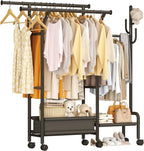 Homeiju Heavy Duty Clothes Rack Load 500LBS, Three Rods Clothing Racks for Hanging Clothes Extendable, Rolling Garment Rack with Sturdy Wheels, Basket, Storage Shelves, Black
