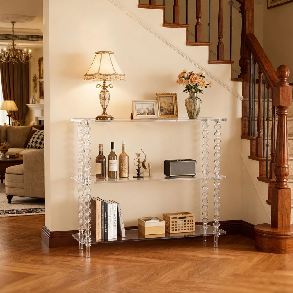 Acrylic Clear Console Table for Entryway, 3-Tier Sofa Table Bookshelf, Low Bo...
