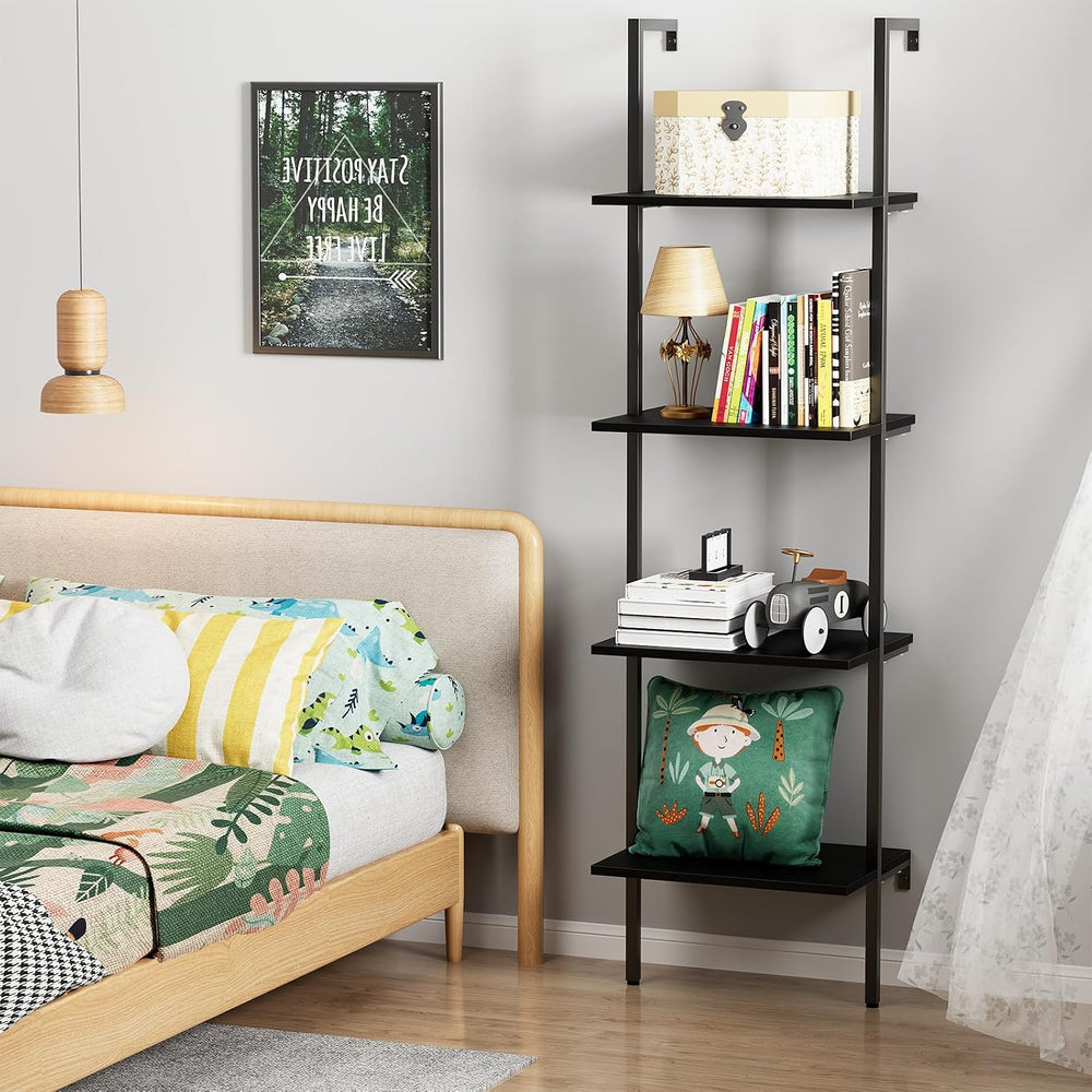 Ladder Shelf 4 Tiers Metal Industrial Bookshelf,Black Wooden Tall Open Storag...