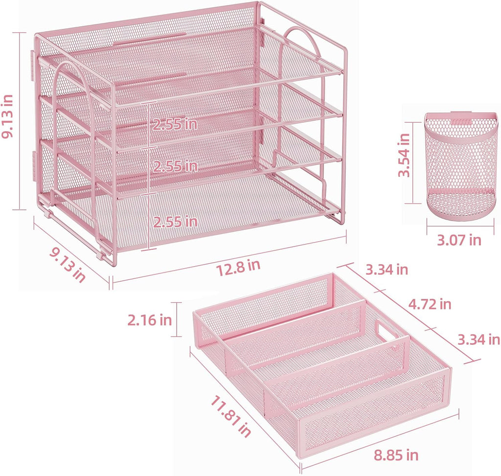 Marbrasse Desk Organizer and Accessories4-Tier Paper File Letter Tray Accessories & Workspace Desk Organizers with Drawer and 2 Pen Holders for School Home Office Supplies(Pink)