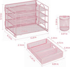 Marbrasse Desk Organizer and Accessories4-Tier Paper File Letter Tray Accessories & Workspace Desk Organizers with Drawer and 2 Pen Holders for School Home Office Supplies(Pink)