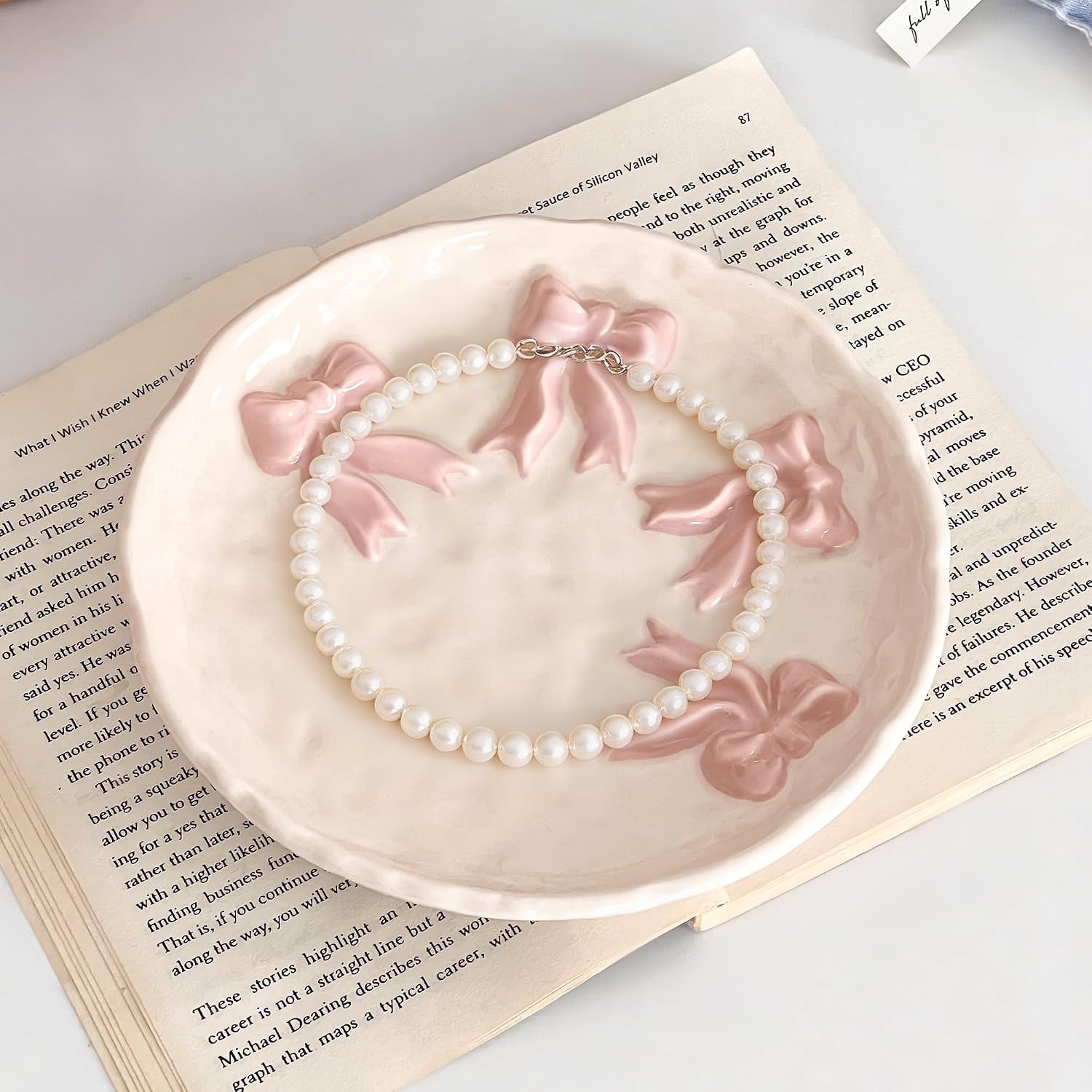 Ceramic Jewelry Tray Ring Dish Holder for Women, Trinket Plate Bowl with Pink Bow, Large Jewelry Organizer for Vanity Decor, Home Decoration for Her Mother's Day