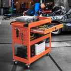 3-Tier Rolling Utility Cart, Metal Heavy Duty Utility Cart on Wheels with Lockable, 330 lb. Load Large Storage Capability Tool Cart for Garage, Warehouse, Repair Shop（Orange）