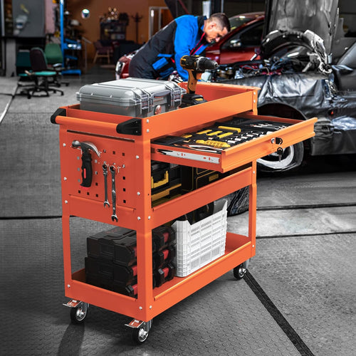 3-Tier Rolling Utility Cart, Metal Heavy Duty Utility Cart on Wheels with Lockable, 330 lb. Load Large Storage Capability Tool Cart for Garage, Warehouse, Repair Shop（Orange）