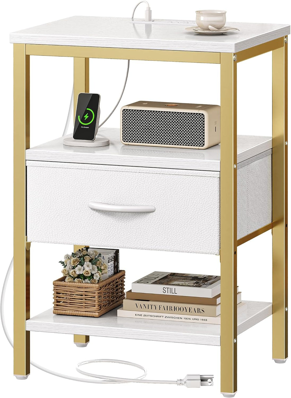 SUPERJARE Nightstand with Charging Station, Bed Side Table with Adjustable Fa...