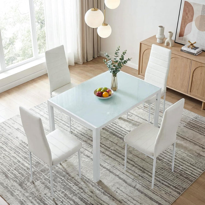 TLSUNNY 5 Piece Dining Table Set for 4, Tempered Glass Kitchen Table with 4 Upholstered PU Chairs, Space-Saving & Metal Steel Frame Dining Room Set for Home, Kitchen, Dining Room, Small Space (White)