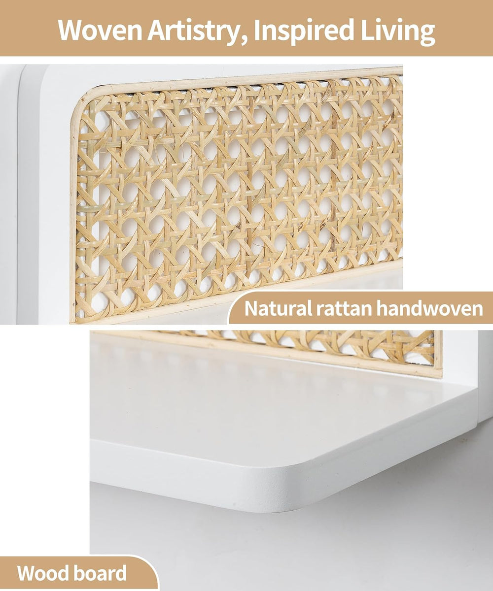 24 Inch White Rattan Wall Shelf, Boho Floating Shelves