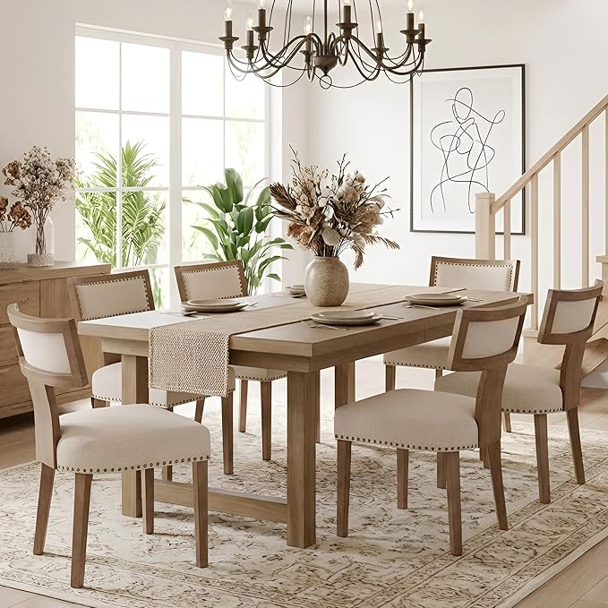 HNY Mid Century Modern Dining Chairs Set of 6, Farmhouse Linen Fabric Upholstered Accent Chairs Curved Nailhead Trim Backrest Kitchen Chairs, with Hardwood Frame, Beige