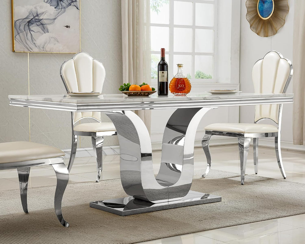 Modern White Dining Table for 6, U-Shape Stainless Steel Base, Marble Dining ...